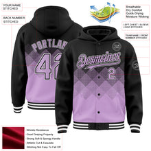 Load image into Gallery viewer, Custom Black Light Purple-White Gradient Square Shape 3D Pattern Design Bomber Full-Snap Varsity Letterman Hoodie Jacket
