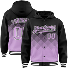 Load image into Gallery viewer, Custom Black Light Purple-White Gradient Square Shape 3D Pattern Design Bomber Full-Snap Varsity Letterman Hoodie Jacket
