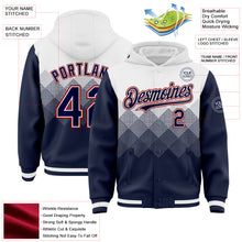 Load image into Gallery viewer, Custom White Navy-Red Gradient Square Shape 3D Pattern Design Bomber Full-Snap Varsity Letterman Hoodie Jacket
