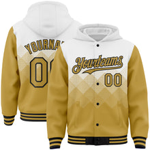 Load image into Gallery viewer, Custom White Old Gold-Black Gradient Square Shape 3D Pattern Design Bomber Full-Snap Varsity Letterman Hoodie Jacket
