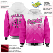 Load image into Gallery viewer, Custom White Deep Pink-Black Gradient Square Shape 3D Pattern Design Bomber Full-Snap Varsity Letterman Hoodie Jacket
