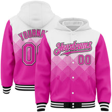 Load image into Gallery viewer, Custom White Deep Pink-Black Gradient Square Shape 3D Pattern Design Bomber Full-Snap Varsity Letterman Hoodie Jacket
