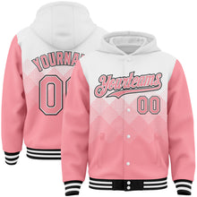 Load image into Gallery viewer, Custom White Medium Pink-Black Gradient Square Shape 3D Pattern Design Bomber Full-Snap Varsity Letterman Hoodie Jacket
