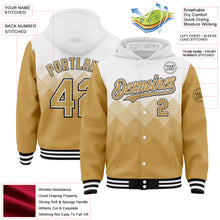 Load image into Gallery viewer, Custom White Old Gold-Black Gradient Square Shape 3D Pattern Design Bomber Full-Snap Varsity Letterman Hoodie Jacket
