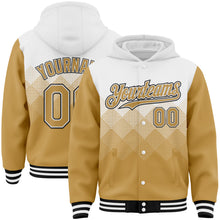 Load image into Gallery viewer, Custom White Old Gold-Black Gradient Square Shape 3D Pattern Design Bomber Full-Snap Varsity Letterman Hoodie Jacket

