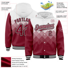 Load image into Gallery viewer, Custom White Crimson-Black Gradient Square Shape 3D Pattern Design Bomber Full-Snap Varsity Letterman Hoodie Jacket
