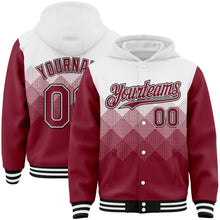 Load image into Gallery viewer, Custom White Crimson-Black Gradient Square Shape 3D Pattern Design Bomber Full-Snap Varsity Letterman Hoodie Jacket
