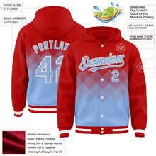 Load image into Gallery viewer, Custom Red Light Blue-White Gradient Square Shape 3D Pattern Design Bomber Full-Snap Varsity Letterman Hoodie Jacket
