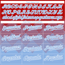 Load image into Gallery viewer, Custom Red Light Blue-White Gradient Square Shape 3D Pattern Design Bomber Full-Snap Varsity Letterman Hoodie Jacket
