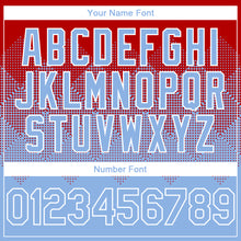 Load image into Gallery viewer, Custom Red Light Blue-White Gradient Square Shape 3D Pattern Design Bomber Full-Snap Varsity Letterman Hoodie Jacket
