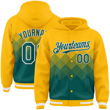 Load image into Gallery viewer, Custom Gold Midnight Green-White Gradient Square Shape 3D Pattern Design Bomber Full-Snap Varsity Letterman Hoodie Jacket
