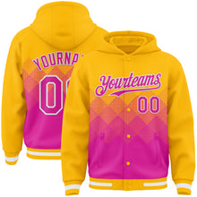 Load image into Gallery viewer, Custom Gold Deep Pink-White Gradient Square Shape 3D Pattern Design Bomber Full-Snap Varsity Letterman Hoodie Jacket
