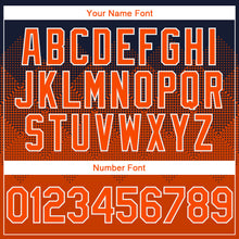 Load image into Gallery viewer, Custom Navy Orange-White Gradient Square Shape 3D Pattern Design Bomber Full-Snap Varsity Letterman Hoodie Jacket
