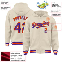 Load image into Gallery viewer, Custom Cream Purple Orange-White Bomber Full-Snap Varsity Letterman Hoodie Jacket
