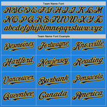 Load image into Gallery viewer, Custom Powder Blue Navy-Gold Bomber Full-Snap Varsity Letterman Hoodie Jacket
