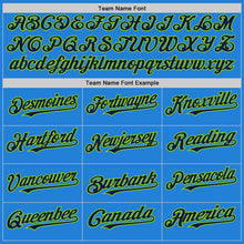 Load image into Gallery viewer, Custom Powder Blue Navy-Neon Green Bomber Full-Snap Varsity Letterman Hoodie Jacket
