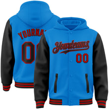 Load image into Gallery viewer, Custom Powder Blue Black-Red Bomber Full-Snap Varsity Letterman Two Tone Hoodie Jacket
