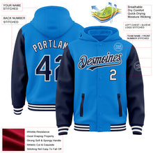 Load image into Gallery viewer, Custom Powder Blue Navy-White Bomber Full-Snap Varsity Letterman Two Tone Hoodie Jacket
