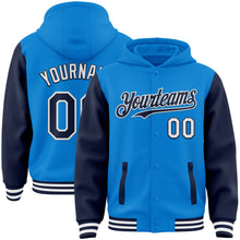 Load image into Gallery viewer, Custom Powder Blue Navy-White Bomber Full-Snap Varsity Letterman Two Tone Hoodie Jacket
