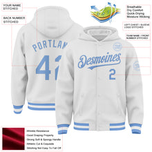 Load image into Gallery viewer, Custom White Light Blue Bomber Full-Snap Varsity Letterman Hoodie Jacket
