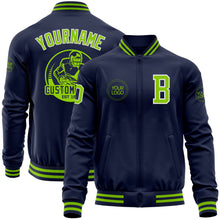 Load image into Gallery viewer, Custom Navy Neon Green-White Bomber Varsity Letterman Zipper Jacket
