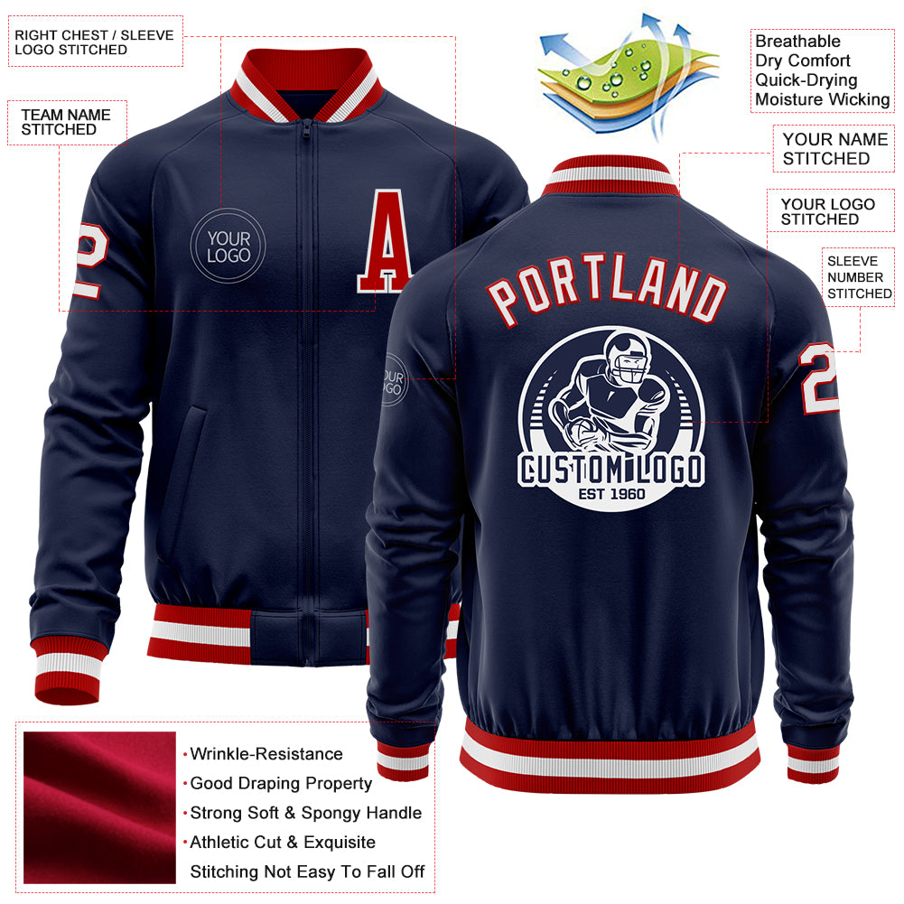 Load image into Gallery viewer, Custom Navy White-Red Bomber Varsity Letterman Zipper Jacket