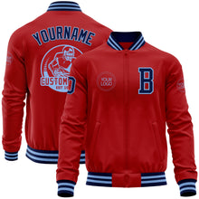 Load image into Gallery viewer, Custom Red Navy-Light Blue Bomber Varsity Letterman Zipper Jacket
