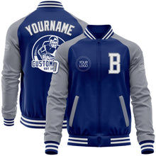 Load image into Gallery viewer, Custom Royal White-Gray Bomber Varsity Letterman Two Tone Zipper Jacket
