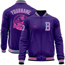 Load image into Gallery viewer, Custom Purple Light Blue Pink-Black Bomber Varsity Letterman Zipper Jacket
