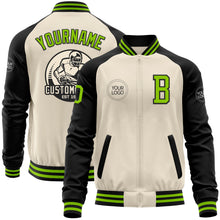 Load image into Gallery viewer, Custom Cream Neon Green-Black Bomber Varsity Letterman Two Tone Zipper Jacket
