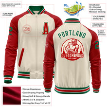 Load image into Gallery viewer, Custom Cream Kelly Green Red-White Bomber Varsity Letterman Two Tone Zipper Jacket
