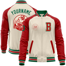Load image into Gallery viewer, Custom Cream Kelly Green Red-White Bomber Varsity Letterman Two Tone Zipper Jacket
