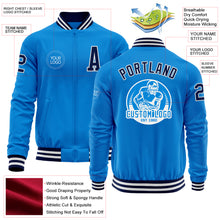 Load image into Gallery viewer, Custom Powder Blue Navy-White Bomber Varsity Letterman Zipper Jacket
