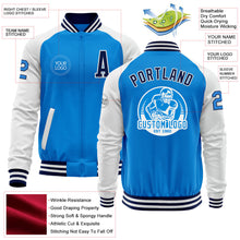 Load image into Gallery viewer, Custom Powder Blue Navy-White Bomber Varsity Letterman Two Tone Zipper Jacket
