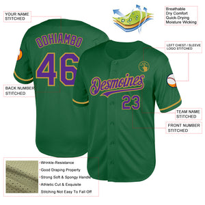 Custom Kelly Green Purple-Old Gold Mesh Authentic Throwback Baseball Jersey