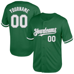 Custom Kelly Green White-Gray Mesh Authentic Throwback Baseball Jersey