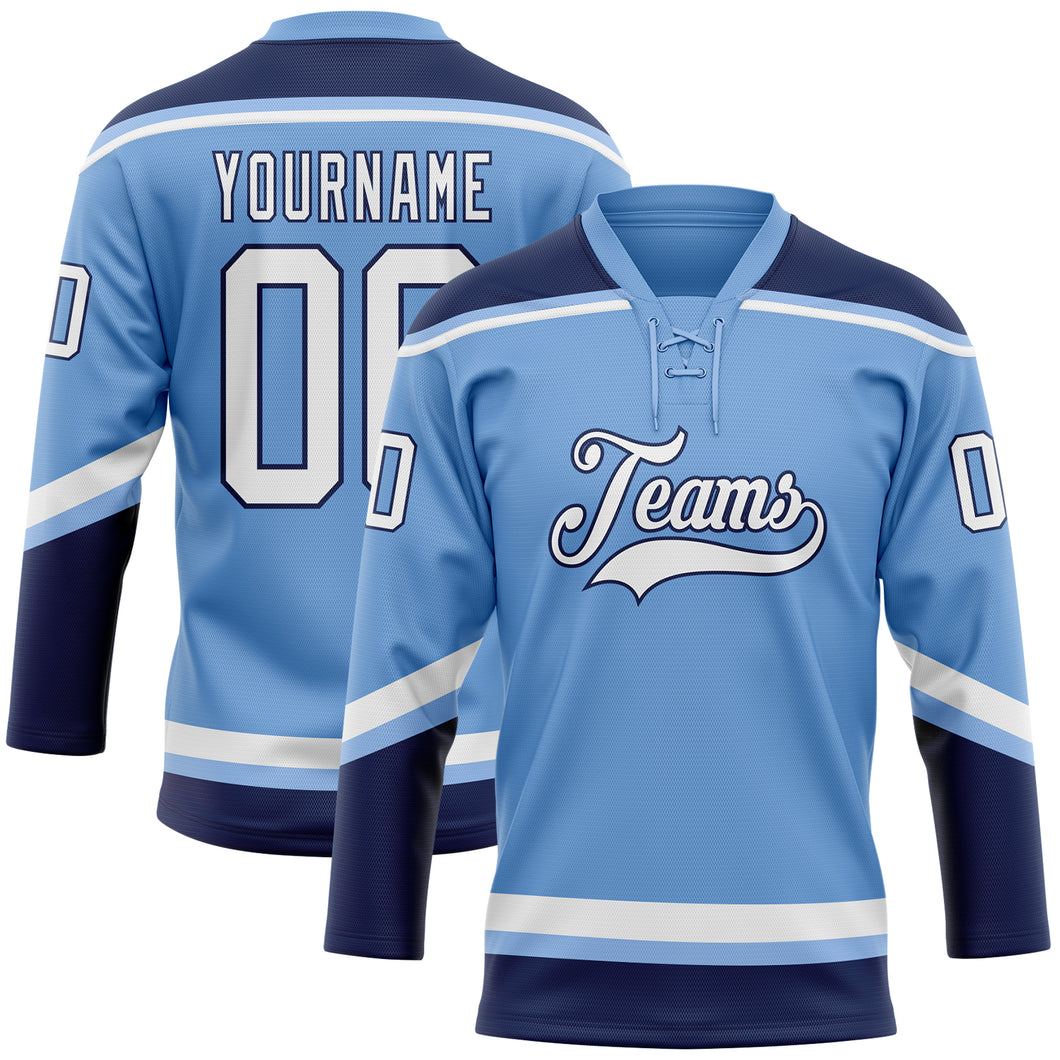 Custom Light Blue White-Navy Hockey Lace Neck Jersey