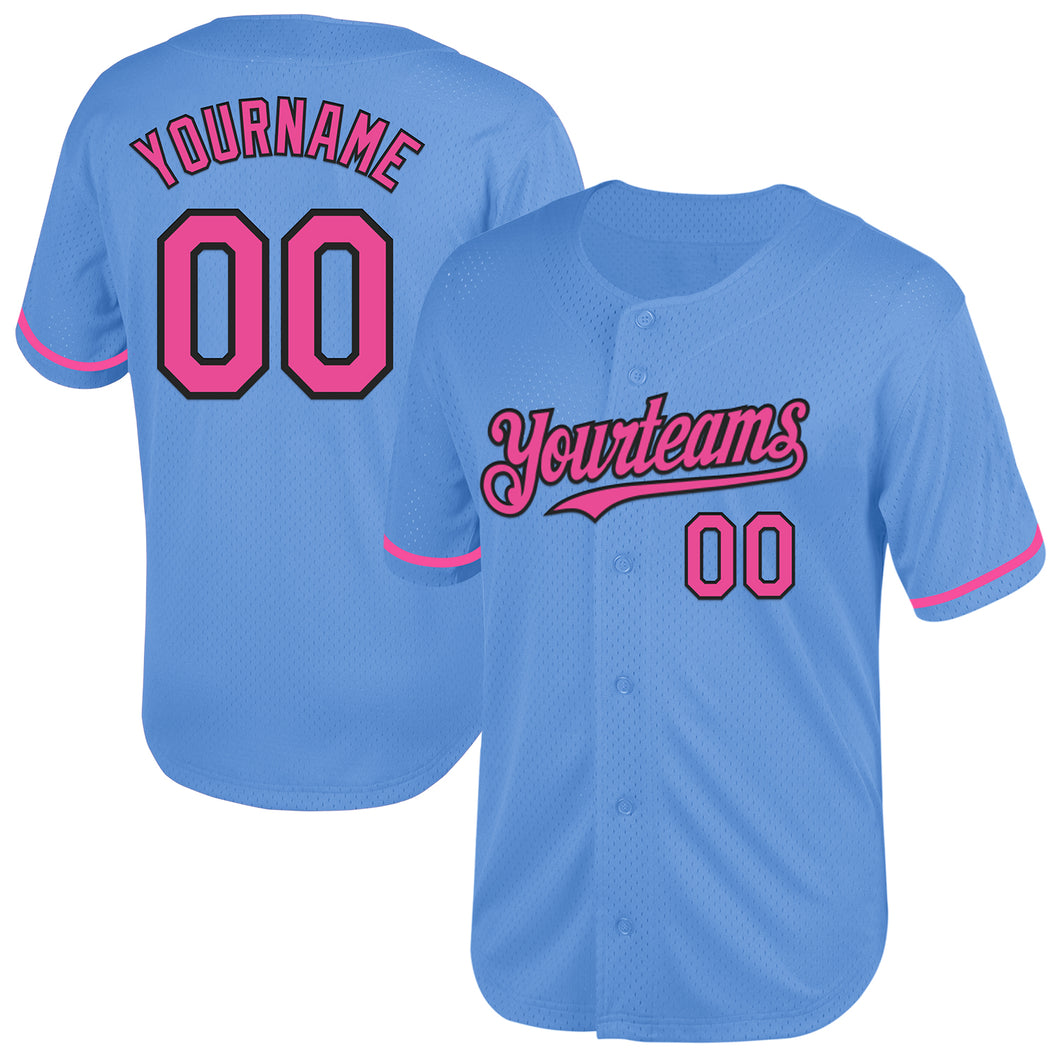 Custom Light Blue Pink-Black Mesh Authentic Throwback Baseball Jersey