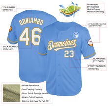 Load image into Gallery viewer, Custom Light Blue White-Old Gold Mesh Authentic Throwback Baseball Jersey
