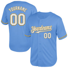 Load image into Gallery viewer, Custom Light Blue White-Old Gold Mesh Authentic Throwback Baseball Jersey
