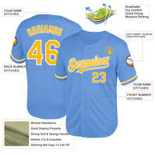 Load image into Gallery viewer, Custom Light Blue Gold-White Mesh Authentic Throwback Baseball Jersey
