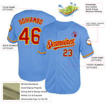 Load image into Gallery viewer, Custom Light Blue Red-Gold Mesh Authentic Throwback Baseball Jersey
