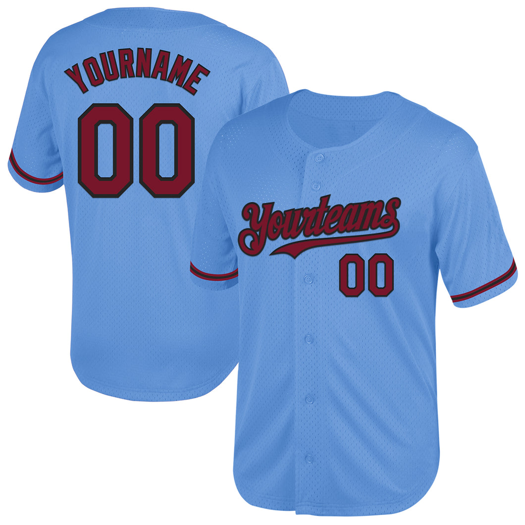 Custom Light Blue Crimson-Black Mesh Authentic Throwback Baseball Jersey