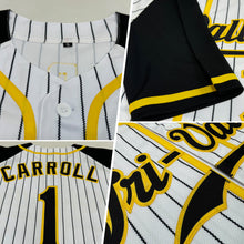 Load image into Gallery viewer, Custom White Black Pinstripe Black-Gold Authentic Raglan Sleeves Baseball Jersey
