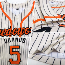 Load image into Gallery viewer, Custom Cream Black Pinstripe Orange-Black Authentic Baseball Jersey
