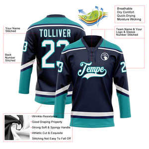 Custom Navy White-Teal Hockey Lace Neck Jersey