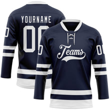 Load image into Gallery viewer, Custom Navy White Hockey Lace Neck Jersey
