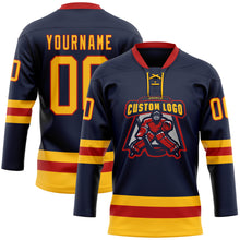 Load image into Gallery viewer, Custom Navy Gold-Red Hockey Lace Neck Jersey

