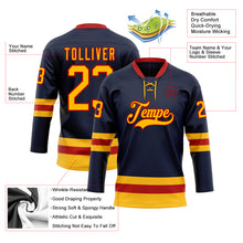 Load image into Gallery viewer, Custom Navy Gold-Red Hockey Lace Neck Jersey
