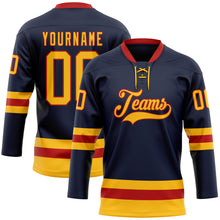 Load image into Gallery viewer, Custom Navy Gold-Red Hockey Lace Neck Jersey
